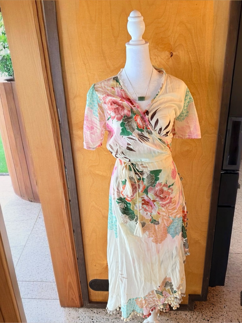 Floral Wrap Midi Dress in Cream with Pink and Green Accents